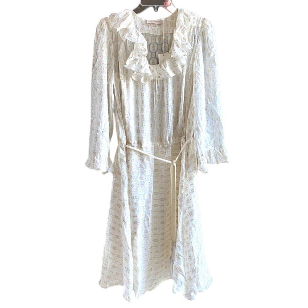 Tory Burch Jasmine Metallic Ruffle Dress 2 Piece with Slip in Ivory & Gold